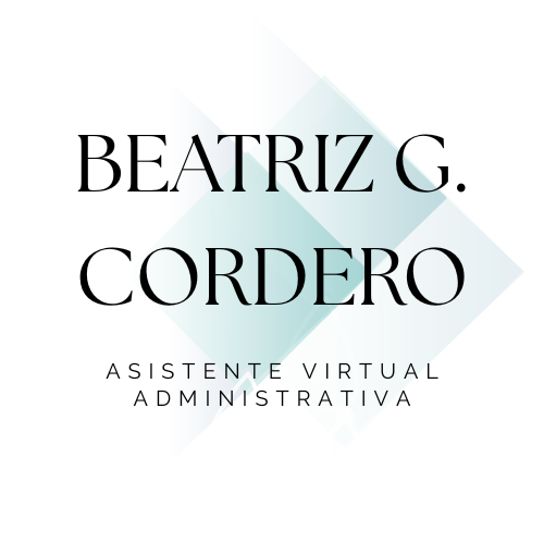 Logo de Beatriz G. Cordero, asistente virtual administrativa, con rombo turquesa y letras negras sobre fondo blanco.